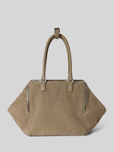 Produktfoto, Satchel Bag mit Label-Prägung Modell 'KAYLA' von LIEBESKIND BERLIN in Beige, glatte Oberfläche, silberne Reißverschlüsse, strukturierte Tragegriffe, großzügige Form, lange Schulterriemen, Damen Satchel Bag mit Hauptfächern und Außentasche