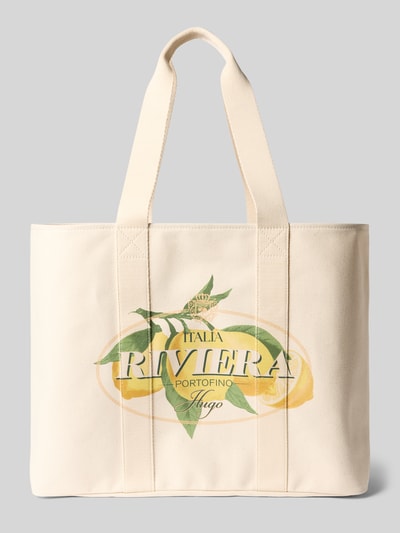 Produktfoto, Strandtasche aus reiner Baumwolle Modell 'BECKY CPR' von HUGO in Unifarbe mit Motiv-Print, Tragehenkel und Webstruktur.