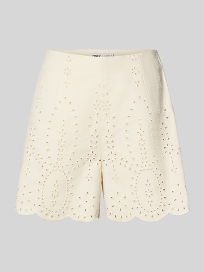 Produktfoto, Regular Fit Shorts aus reiner Baumwolle Modell 'ELSA' von Only in Optik: Unifarben mit Lochstickmuster, Muschelsaum, Reißverschluss, naturweiße Farbe, strukturierte Oberfläche