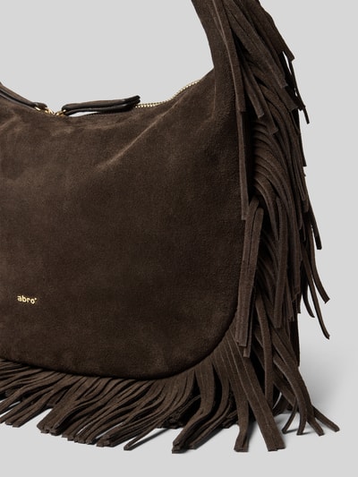 Produktfoto, Handtasche aus Leder mit Fransen Modell 'NANA' von Abro in Dunkelbraun, Label-Detail, Reißverschluss, Wildledertextur