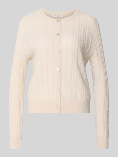 Produktfoto, Regular Fit Strickjacke aus reinem Kaschmir mit Zopfmuster von Christian Berg Woman, cremefarben, gerippte Blenden, Knopfleiste