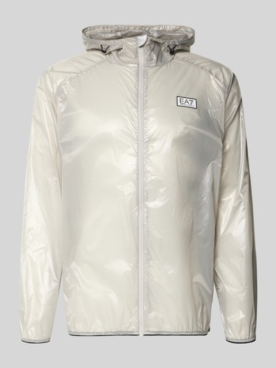 Produktfoto, Blouson mit Label-Print von EA7 Emporio Armani, semitransparentes Weiß, Kapuze, Reißverschluss, elastische Abschlüsse, glatte Textur