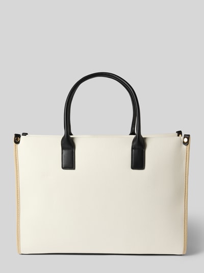 Produktfoto, cremefarbene Handtasche mit Logo Modell 'ACANTHA' von VALENTINO BAGS aus Baumwoll-Viskose-Mix, schwarze Henkel, strukturierte Oberfläche, 41x31x14 cm, Hauptfach mit Reißverschluss, Schulterriemen 128 cm