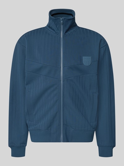 Produktfoto, Regular Fit Sweatjacke aus Baumwoll-Mix Modell 'DAVRONTO' von HUGO in Blau, Optik: Unifarben mit dezentem gestreiftem Muster, Stehkragen, Reißverschluss, gerippte Abschlüsse, seitliche Eingrifftaschen, Label Patch und Label Stitching, Materialverarbeitung: Sweat.