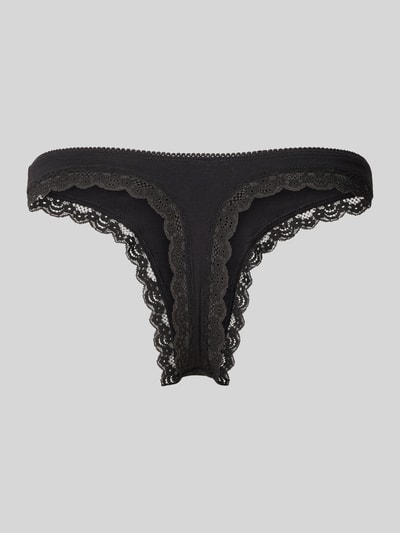 Produktfoto, String mit Spitzenbesatz von Jake*s Casual aus Baumwoll-Elasthan-Mix, Körpernahe Passform, elastischer Bund, schwarzer Stoff.