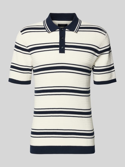 Produktfoto, Slim Fit Poloshirt in Strick-Optik von MCNEAL, cremefarben mit dunkelblauen Streifen, Polokragen, reine Baumwolle, glatte Textur