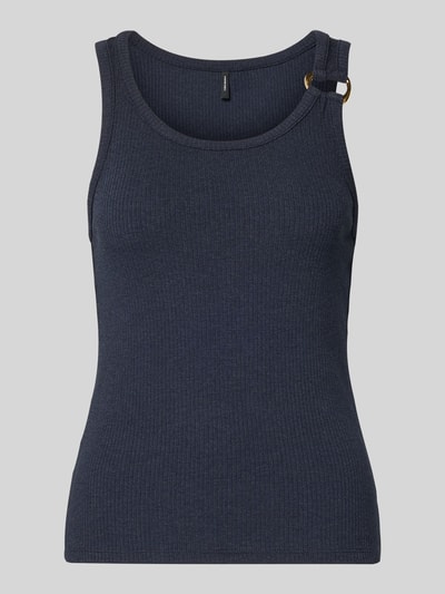 Produktfoto, Regular Fit Tank Top aus Viskose-Mix Modell 'KIKI' von Vero Moda in dunkelblau mit Rippstruktur, breiten Trägern und Zier-Applikation.