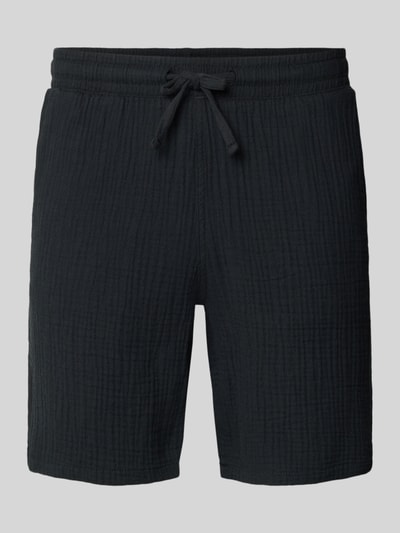 Produktfoto, schwarze Herren Shorts mit Strukturmuster, elastischer Bund mit Kordelzug, seitliche Eingrifftaschen, Modell 'AIDEN' von Jack & Jones, Material-Mix mit Baumwoll-Anteil, Straight Fit, Bundweite 40 cm, Innenbeinlänge 21 cm Größe M