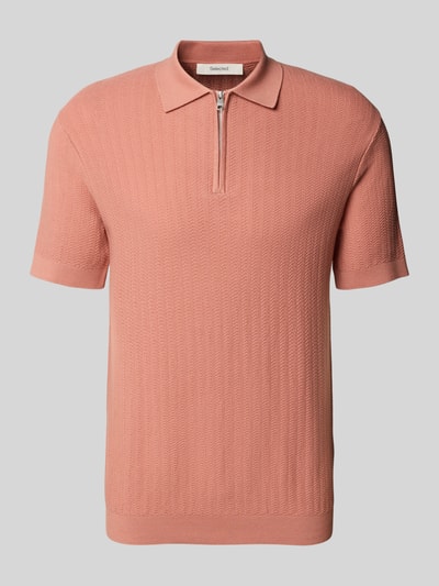Produktfoto, Regular Fit Poloshirt aus reiner Baumwolle Modell 'CRAN' von SELECTED HOMME in Strickoptik mit Struktur-Muster, Polokragen, V-Ausschnitt, kurzem Reißverschluss, Kurzarm und gerippten Abschlüssen.