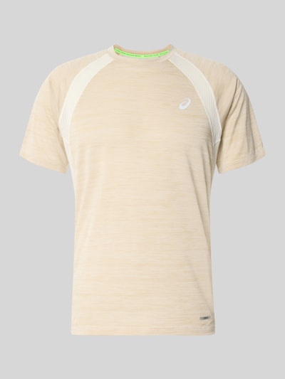 Productfoto, Regular Fit T-shirt met logoprint Model 'Road' van ASICS TIGER in beige met semi-transparante delen en ronde hals, ruglengte maat M 69 cm