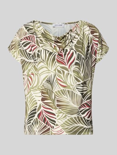 Produktfoto, T-Shirt im Allover-Look mit Wasserfall-Ausschnitt van MORE, Materiaalmix met stretch, regular fit, all-over look, ruglengte maat 36: 56 cm, kleurrijk bladmotief, zachte textuur