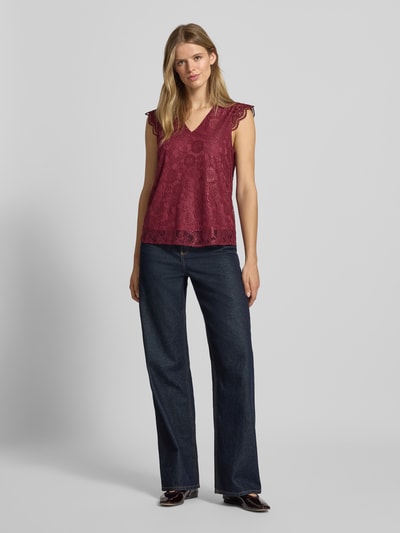 Pieces Regular fit blouseshirt met kant, model 'OLLINE' Donkerrood - 1