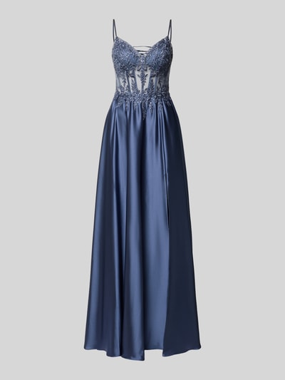 Produktfoto, Corsagenkleid mit rückseitiger Schnürung von Luxuar in Blau, Satin, Taillierter Schnitt, Maxikleid, Stitchings, Ziersteinbesatz