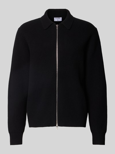 Produktfoto, Cardigan aus reiner Wolle von Filippa K in Schwarz, lockere Passform, Ripp-Optik, Zweiwege-Reißverschluss, Wolltextur