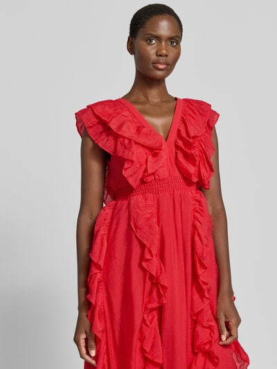 YAS Maxikleid aus Viskose-Mix mit Rüschenbesatz Modell 'Linala' Rot 3