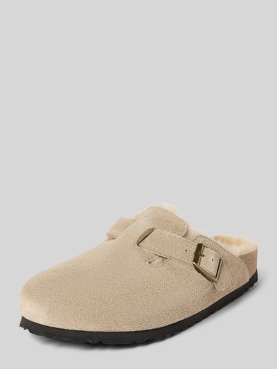 Birkenstock Hausschuhe aus echtem Leder mit Fell-Besatz Modell 'BOSTON' Taupe 1