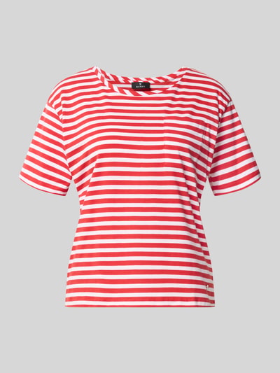 Produktfoto, T-Shirt im Allover-Look mit Rundhalsausschnitt von monari, rote und weiße Streifen, Reine Baumwolle, Regular-Fit, Rückenlänge 56 cm bei Größe 36