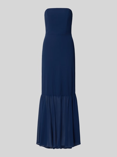Produktfoto, Slim Fit Midikleid mit Raffungen von Mascara in Dunkelblau, schulterfrei, Nahtreißverschluss, Chiffon-Struktur, Damen, Rückenlänge 126 cm, Brustweite 36 cm.