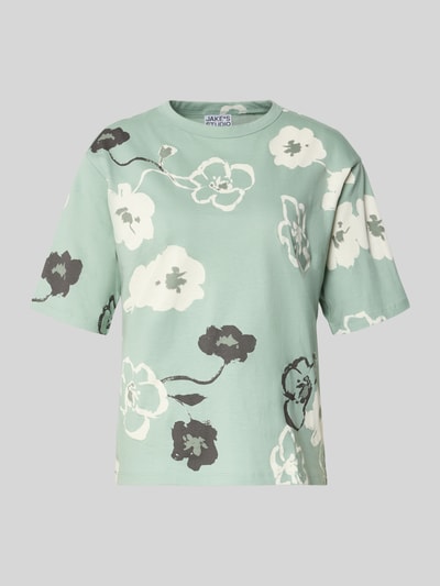 Produktfoto, T-Shirt im Allover-Look mit Rundhalsausschnitt von JAKE*S STUDIO WOMAN in Mintgrün mit weißen und schwarzen Blumenmustern, reine Baumwolle, Regular Fit
