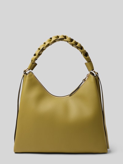 Produktfoto, Handtasche mit Label-Detail Modell 'BOHEME' von Coccinelle in Olivgrün, strukturierte Textur, Hauptfach mit Reißverschluss, Tragehenkel, Innenfach mit Reißverschluss, Breite 36 cm, Länge 34 cm, Tiefe 12 cm, Schulterriemen 44 cm.