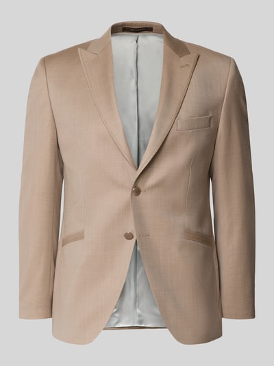 Produktfoto, Slim Fit 2-Knopf-Sakko aus Reine Schurwolle von Wilvorst in Beige mit Reverskragen und Eingrifftaschen, glatte Struktur. Rückenlänge 73 cm, Schulterbreite 45 cm, Ärmellänge 65 cm bei Größe 50.