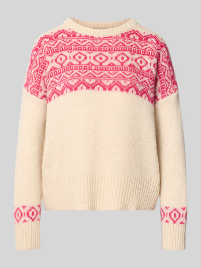 Produktfoto, Strickpullover mit Baumwoll-Anteil Modell 'Nordic' von miss goodlife, beżowy z różowym wzorem, luźny krój, stójka, prążkowane wykończenia, długość tyłu w rozmiarze S 54 cm, długość rękawa 45 cm, materiał mieszany