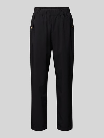 Produktfoto, Straight Fit Stoffhose mit Viskose-Anteil von LIU JO SPORT in Schwarz, gefertigt aus Material-Mix mit Zierbesatz und elastischem Bund, 7/8-Länge, Bundweite 39 cm, Innenbeinlänge 69 cm.