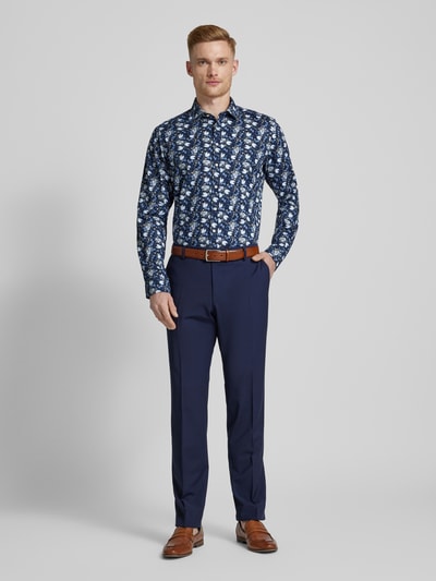 Jake*s Slim fit zakelijk overhemd met all-over bloemenmotief Marineblauw - 1