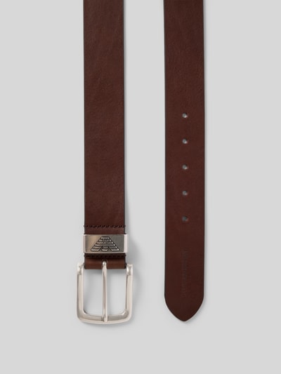 Produktfoto, Gürtel aus echtem Rindsleder mit Dornschließe von Emporio Armani, braun, silberne Schließe, Strukturmuster, Logo-Detail, 4 cm breit