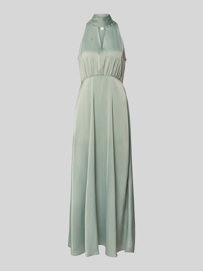 Produktfoto, Maxikleid aus Satin mit Stehkragen Modell 'Thea' von YAS in sanftem Grün, Elastischer-Material-Mix, Tailliert, Ärmelloses-Design, Schlüsselloch-Ausschnitt, glatte Satin-Oberfläche, Rückenlänge bei Größe 36 beträgt 132 cm, Brustweite bei Größe 36 beträgt 41 cm.