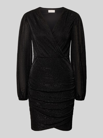 Produktfoto, Slim Fit Minikleid mit V-Ausschnitt von Apricot in Schwarz, Wickel-Optik, Raffungen, langärmliges Design, glatte Textur