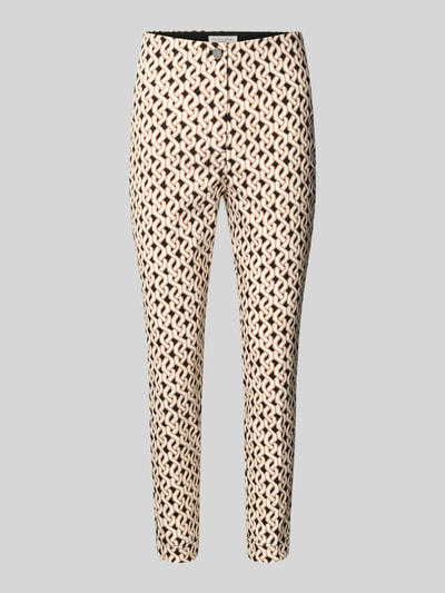 Produktfoto, Slim Fit Hose in verkürzter Passform von Christian Berg Woman aus Baumwoll-Mix mit Stretch-Anteil, Allover-Look, cremefarbene Muster auf dunklem Grund, glatte Textur