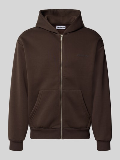 Produktfoto, Relaxed Fit Sweatjacke aus Baumwoll-Mix mit Label-Detail von REVIEW in Braun, elastische Abschlüsse, Känguru-Tasche, Kapuze