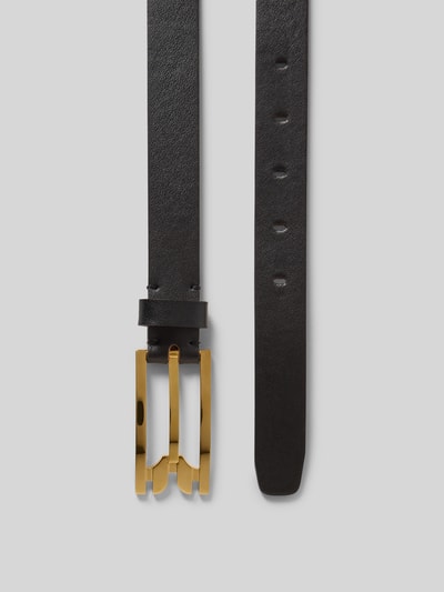 Produktfoto, Gürtel mit Dornschließe von Victoria Beckham, glänzendes Schwarz, Strukturmuster, schmales Design, goldene Schnalle, Logo-Detail