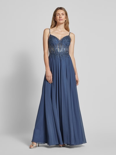 Luxuar Abendkleid mit floralen Stickereien Rauchblau 4