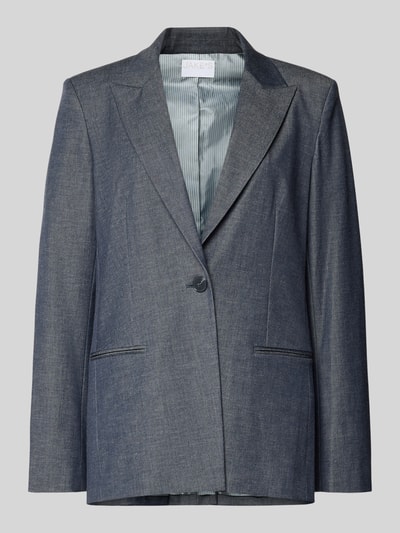 Produktfoto, Relaxed Fit Blazer in eleganter Denim-Optik von Jake*s Collection, dunkelblau, Reverskragen, Knopfverschluss, Paspeltaschen, feine Textur, Material-Mix mit Viskose-Anteil.