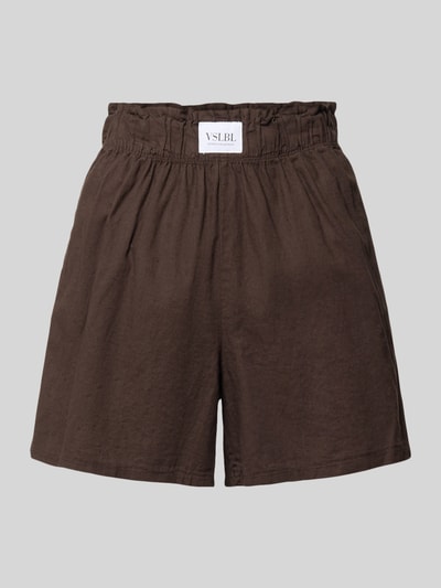 Produktfoto, Regular Fit Stoffshorts aus Leinen-Baumwoll-Mix Modell 'MILLIE' von VILLA SOPHIE in Dunkelbraun, elastischer Bund, Label Patch, seitliche Eingrifftaschen, glatte Textur, Allover-Muster.