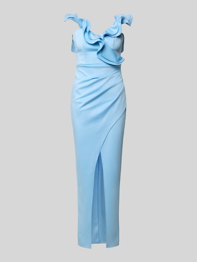 Produktfoto, Slim Fit Maxikleid mit Gehschlitz von Lipsy in Hellblau, Elastischer-Material-Mix, Raffung, Ärmelloses-Design, glatte Textur