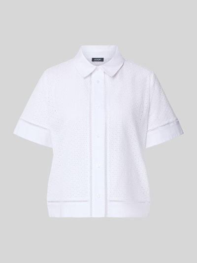 Produktfoto, Regular Fit Bluse mit Lochstickerei Modell 'Blanc' von JOOP!, weiße Baumwolle, Kurzarm, Knopfleiste, strukturierte Oberfläche