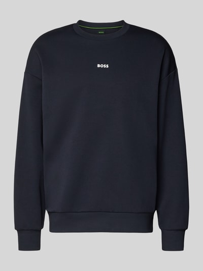 Produktfoto, Regular Fit Sweatshirt aus Baumwoll-Mix Modell 'STENSON' von BOSS Green, unifarben dunkelblau, Label-Schriftzug vorn, elastische Bündchen.