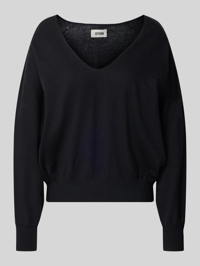 Produktfoto, czarny Strickpullover aus Baumwoll-Kaschmir-Mix Modell 'RISORY' od Drykorn, krój relaxed fit, dekolt w serek, faktura gładka, damski.