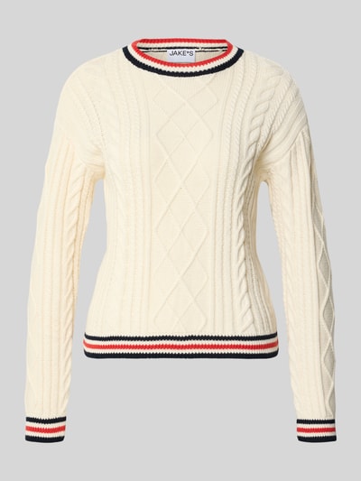 Produktfoto, Strickpullover mit Zopfmuster von Jake*s Casual aus reiner Baumwolle in Creme mit kontrastiven Abschlüssen und rundem Ausschnitt.