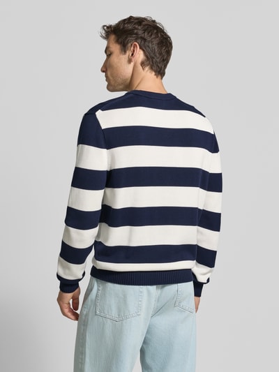 Męski model nosi Regular Fit Pullover aus reiner Baumwolle von Lacoste, w granatowo-białe paski, tekstura dzianiny, całkowity widok z tyłu.