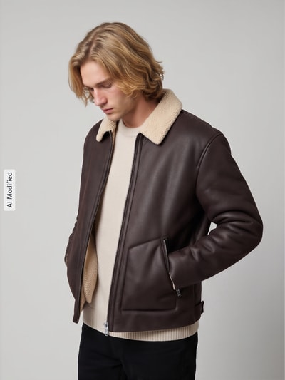 ONLY & SONS Kunstlederjacke mit Shearlingkragen Schoko 4