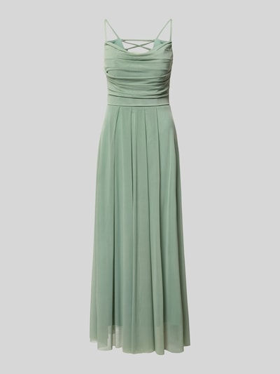Produktfoto, Cocktailkleid mit Drapierungen von TROYDEN COLLECTION in mintgrünem Mesh, taillierter Schnitt, Midilänge, Wasserfall-Ausschnitt