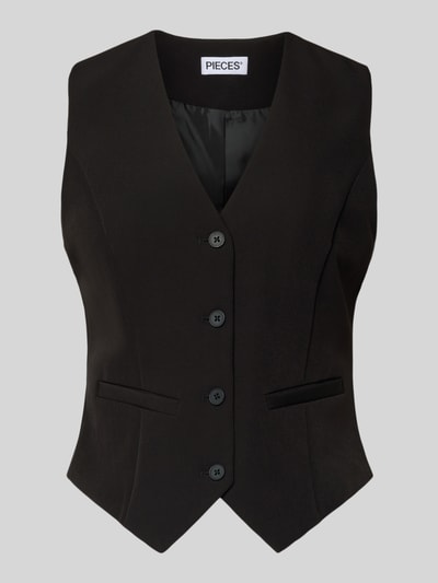 Produktfoto, schwarze Slim Fit Anzugweste mit angedeuteten Taschen Modell 'BOZZY VEST' von Pieces, unifarbene Optik, asymmetrischer Abschluss