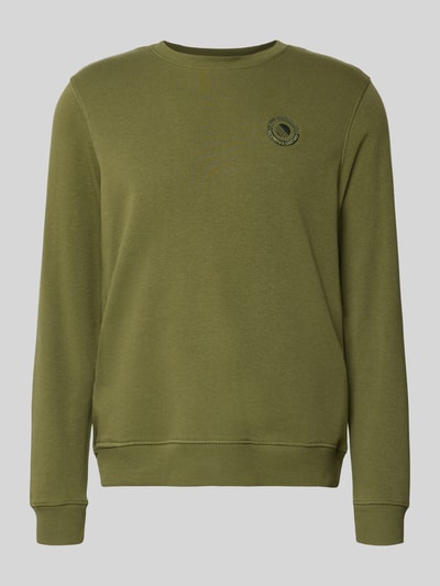Produktfoto, Regular Fit Pullover mit Logo-Stitching Modell 'Kane' von Blend aus Baumwoll-Mix in Olivgrün mit Rundhalsausschnitt und elastischen Abschlüssen
