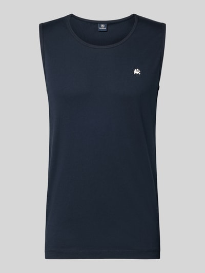 Produktfoto, dunkelblaues Tanktop mit Rundhalsausschnitt und Logo-Print von Lerros aus Reine Baumwolle im Regular-Fit, Rückenlänge 69 cm bei Größe M.