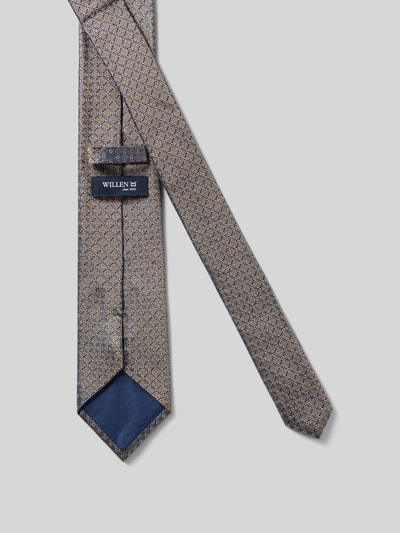 Produktfoto, Seidenkrawatte aus reiner Seide (7,5 cm) von Willen in Beige mit Strukturmuster, Label-Detail, Breite 8 cm, Nahaufnahme