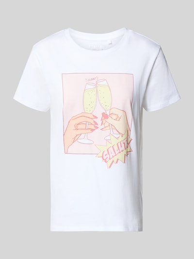 Produktfoto, białe T-Shirt aus reiner Baumwolle Modell 'CLINK EASY TEE' von Guess, prosty krój, nadruk z kieliszkami i napisem, dekolt okrągły, długość tyłu w rozmiarze S: 59 cm